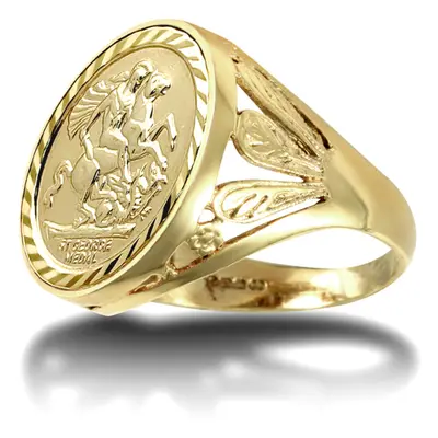 (U) Jewelco London Men's Solid 9ct Gold Welsh Feather St George & Dragon Medallion Ring (Half So