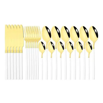 (white,gold) 24pcs Black Gold Cutlery Set Stainless Steel Dinnerware Knives Fork Spoon Dinner Ta