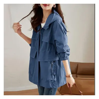 (blue, M) Fashionable Plus Size Women&apos;s Mid-length Windbreaker Coat With Hooded For Spring 