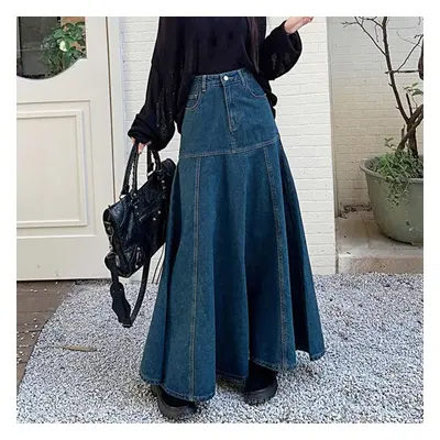 (S, blue) Wtempo Long Vintage Blue Denim Skirt Women Spring Fall Elegant High Waist All-match Fi