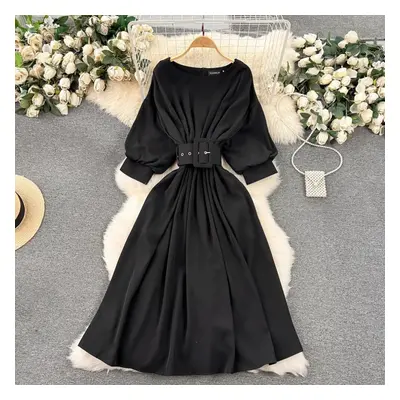 (black, L) Luxury New Women Spring Summer O Neck Batwing Sleeve Belt Fashion Elegant Casual High