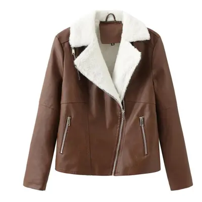 (brown, S) Women's Jackets Faux Leather Cropped Lapel Collar Flannel Lined Warm Short Coat Pu Bo