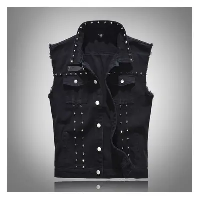 (black, XXXXXL) Mens Studded Denim Gilet Sleeveless Biker Jacket Shirt Waistcoat Distressed Jean