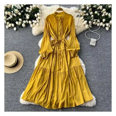 (yellow, One Size) Frenchic Vintage Maxi Dress Women Stand Collar Lantern Sleeve Lace-up Female 