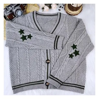 (gray, M) Chic Vintage Star Print Knitted Cardigan Preppy Cute Button Up V Neck Long Sleeve Coat