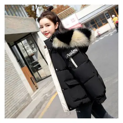 (black, M) Korean Loose Women Winter Thicken Bread Jacket Patchwork Wide-waisted Young Style Stu