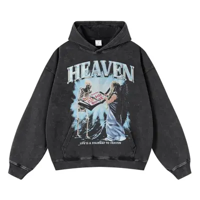 (black, S) Streetwear Heaven Letter Graphic Washed Black Oversized Unisex Long Sleeve Hoodie