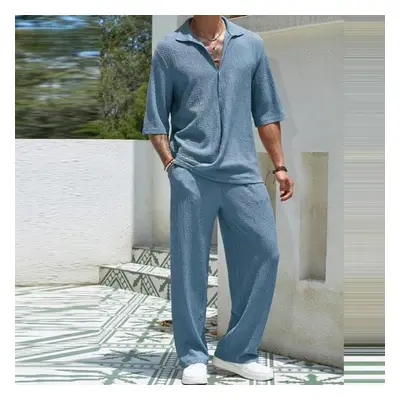 (blue, 3XL) Spring Summer Casual Cotton Shirts And Pants Suits Men Vintage Half Sleeve Irregular