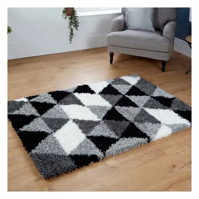 (80x150cm) Large Geometric Black Grey Silver 5cm Shaggy Rugs