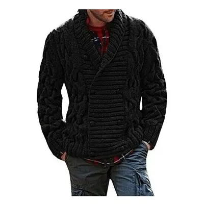 (Black, 2XL) Men's Thick Double Breasted Cable Knitted Shawl Collar Knitwear Cardigan Sweater