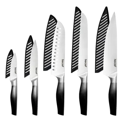 hecef Gradient Black Kitchen Knife Set of 5, Chef Knife Set with Satin Finished Blade & Hollow H