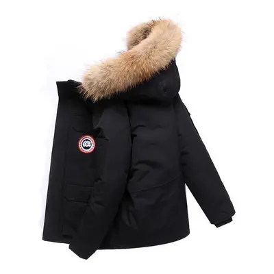 (Black, 4XL) Hot Men's down jacket coat couple's warm white duck down jackets hood outwear