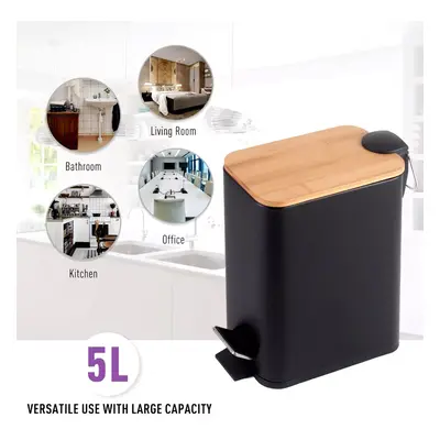 (5L Slim Black) 5L Slim Pedal Bin Wooden Top Bathroom Rubbish Bin