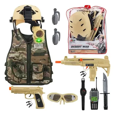 Military Soldier Camouflage Desert War Costume Set with Helmet, Toy Shotgun, Toy Grenades, Milit