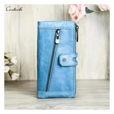 (blue) Contact&apos;s Genuine Leather Wallet Long Clutch Bag For Women Zipper Phone Pocket Coin 