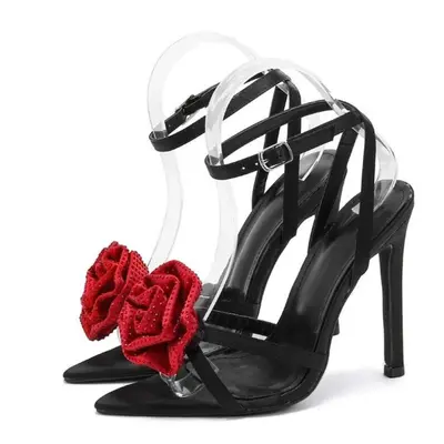 (black, 40) Eilyken Crystal Flower Ankle Buckle Strap Thin Heels Denim Sandals Women&apos;s Poin