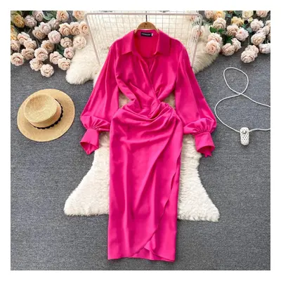 (rose red, L) New Fashion Women Casual Spring Summer Turn Down Collar Lantern Sleeve Shirts Offi