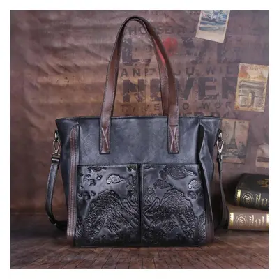 (grey) Johnature Retro Genuine Leather Female Bag Large Capacity Casual Tote Handmade Embossed W