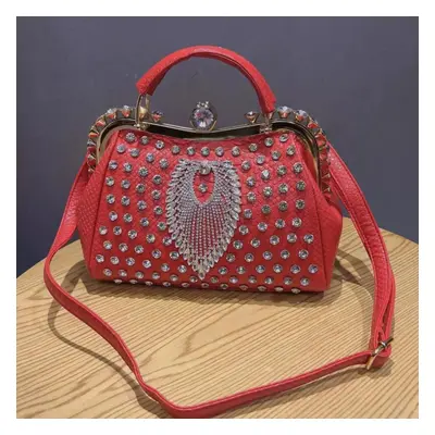 (red) New Fashion Women&apos;s Bag Large Capacity Diamond Inlaid Handbag Women&apos;s New Tote B