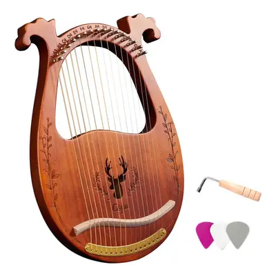 (coffee) 16-string Wooden Lyre Harp Resonance Box String Instrument With Tuning Wrench 3pcs Pick