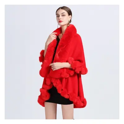 (red, One Size) Winter Women&apos;s Cape Shawl Fur Collar Large Size Knitted Cardigan Loose Temp