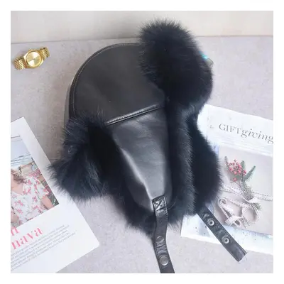 (black, 57-62cm) 100%genuine Leather Real Fur Hat For Women Natural Silver Fox Fur Fluffy Ushank