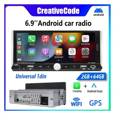 (black, 2GB 64GB) 6.9&apos;&apos; Touch Screen 1din Universal Car Radio Wireless Carplay Android