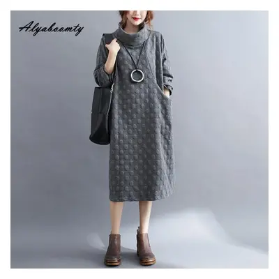 (grey, XL) Korean Style Autumn Winter Women Oversized Dress Turtleneck Gray Black Navy Polka Dot