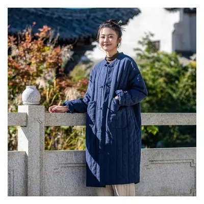 (navy blue, One Size) Johnature Women Vintage Linen Stand Parkas Solid Color Long Sleeve Warm Co