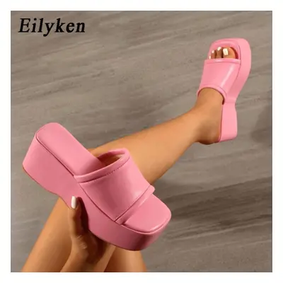 (pink, 42) Eilyken Platform Wedges Slippers For Women High Quality Solid Slipper Sandals Shoes