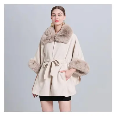 (One Size, beige) Winter Women&apos;s Shawl Cape Jacket Fur Collar Mid-length Paragraph Laced Ca