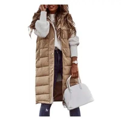 (khaki, 3XL) Women Winter Vest Coat Padded Solid Color Sleeveless Hooded Drawstring Single-breas