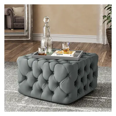 (Grey) Deep Buttoned Square Velvet Footstool Coffee Table