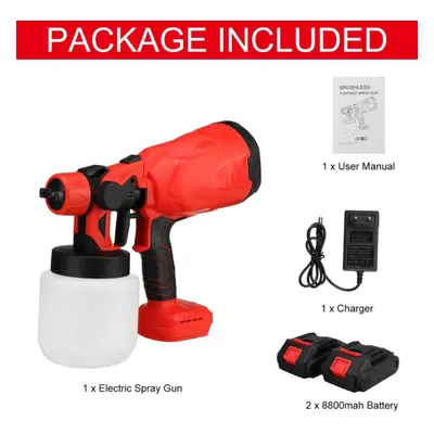 (2*5Batteries Red) 800ml Cordless Electric Spray Gun High Power Home Paint Sprayer With Nozzle F