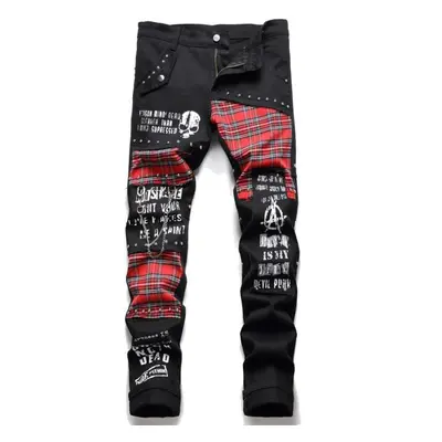 (black, M) Fashion Red Plaid Patchwork Punk Rivet Men Slim Jeans Trousers Skull Letters Print Hi