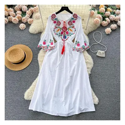 (white, One Size) Women Summer Dress With New Minority Retro National Wind Heavy Industry Embroi