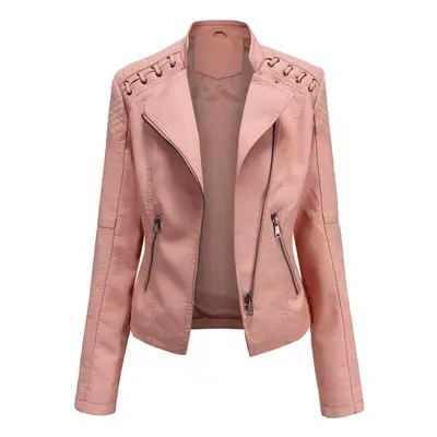 (pink, L) Women Autumn Winter Turn Down Collar Long Sleeve Slim Thin Zipper Pu Leather Motorcycl