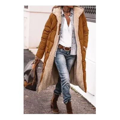 (Dark Brown, XL) Women's Long Coat Fur Fleece Hooded Jacket Zip Up Winter Parka Coat Outwear