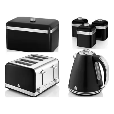 Swan Retro Black Jug Kettle, Slice Toaster, Bread Bin & Canisters