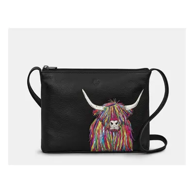 Black Leather Rainbow Scottish Highland Cow Cross Body Bag