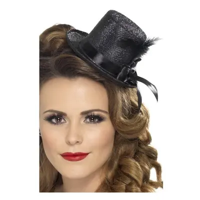 Black Ladies Mini Top Hat With Ribbon & Feather - mini hat black fancy dress feather tophat smif