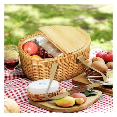 Outsunny Wicker Picnic Basket for with Pine Wood Lid, Light Brown