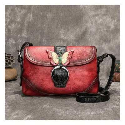 (red) Johnature Retro First Layer Cow Leather Women Bag Hand Painted Leisure Shoulder Bags Hasp 