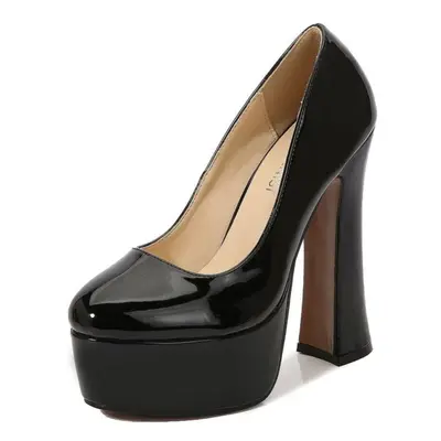 (black, 44) Women&apos;s Chunky High Heels Round Toe Pumps 14cm Heel 4cm Platform Wz