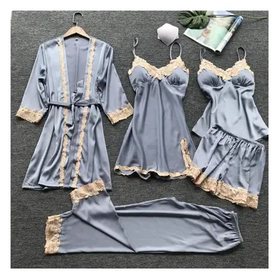 (blue, XL) Summer New Thin Section Pcs Women Pajama Set Lace Sexy With Chest Pad Spaghetti Strap