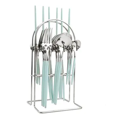 (mint green,silver) 24pcs Mirror Western Cutlery Set With Luxury Cutlery Storage Rack Include Kn