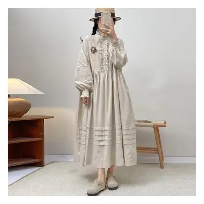 (khaki, One Size) Johnature Japanese Spring Pleated Forest Dresses Casual Retro Ruffles Collar C