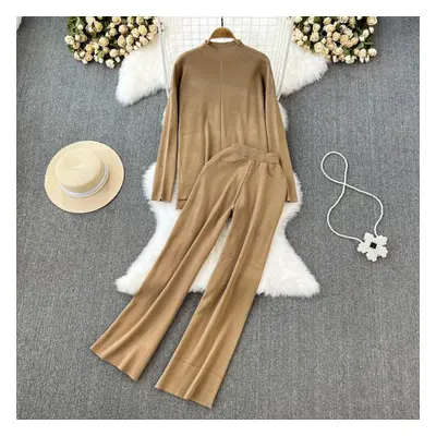 (light brown, One Size) Fashion Collar Loose Long-sleeved Irregular Knit Tops High Waist Thin St