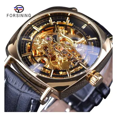 (black,gold) Forsining Leather Strip Luxury Gold Clock Transparent Skeleton Men Automatic Mechan