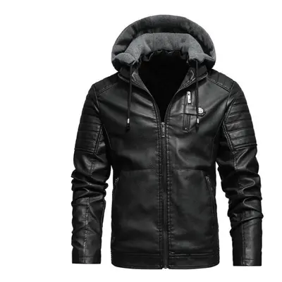 (black, XXL) Winter Men &apos;s Fleece Hooded Leather Jacket Men &apos;s Casual Stand Collar Men